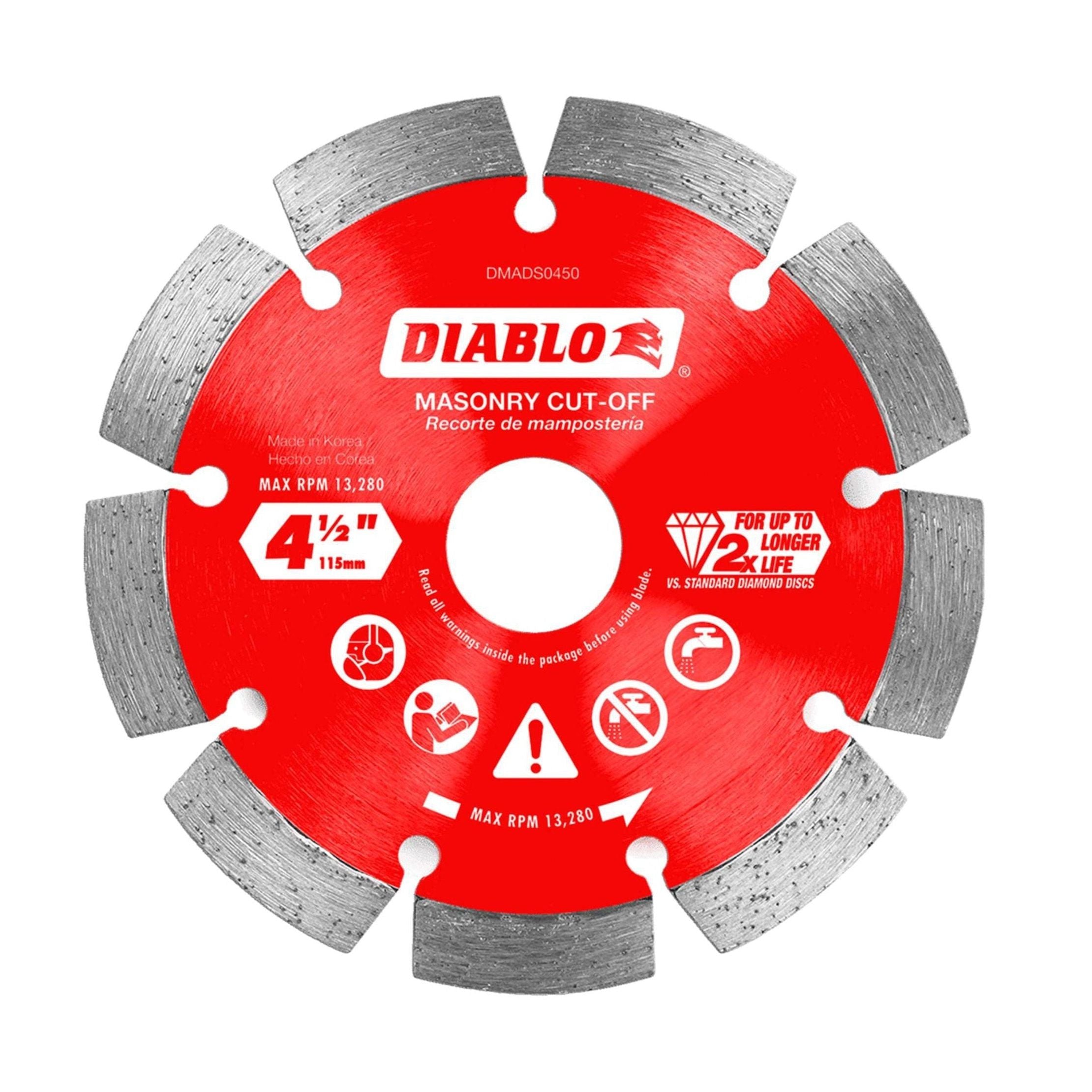 Picture of a Diablo DIABLO DMADS0450 4-1/2 in. Diamond Segmented Masonry Cut-Off Blade, detailed with industrial-grade diamonds and eight silver-edged segments. It measures 4-1/2 inches (115mm) in diameter, operates up to 13,280 RPM, and features icons illustrating longer cutting life and safety tips.